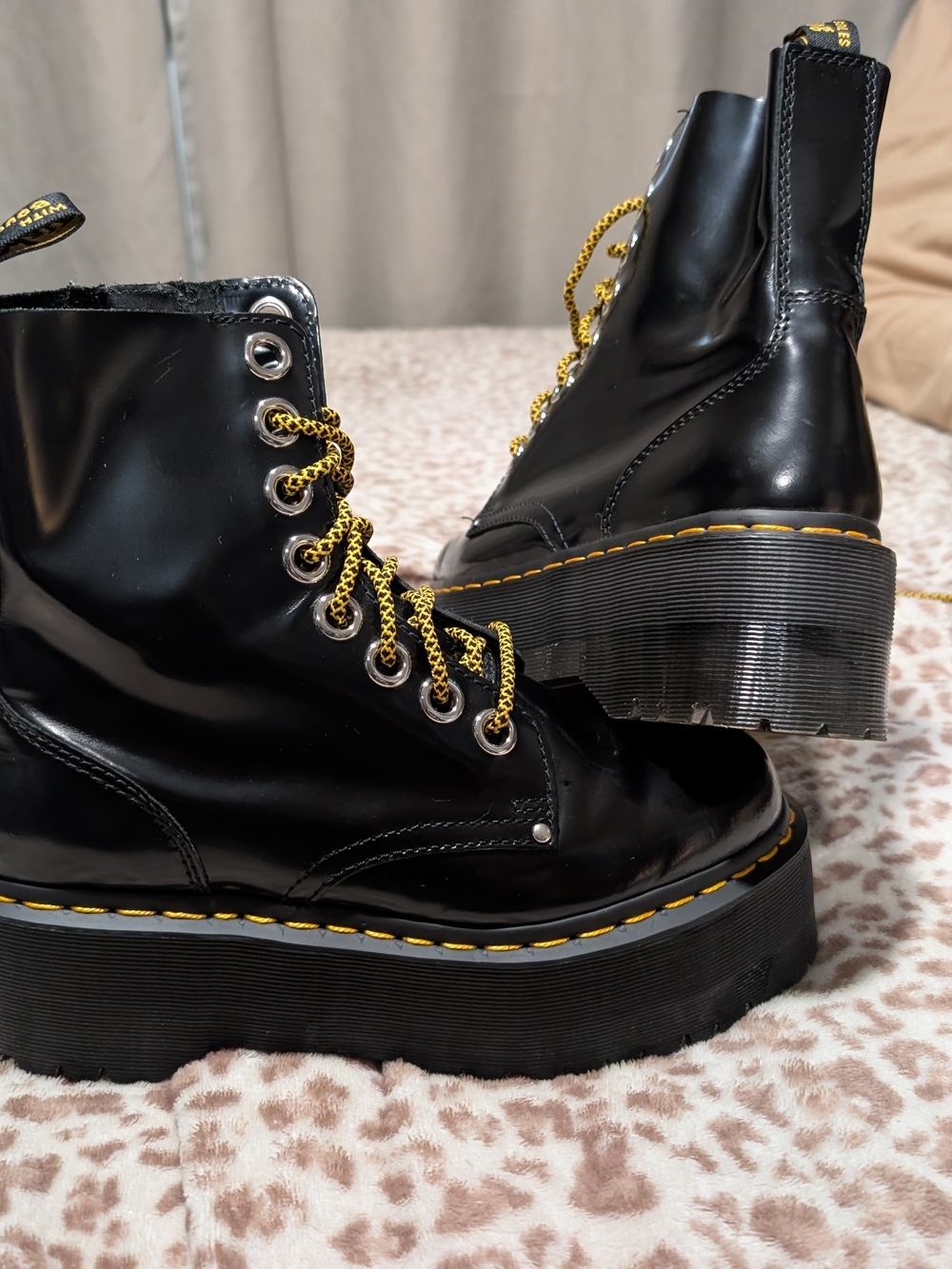 Dr. Martens Jadon Max Black Patent Platform Lace-Up Boots with Yellow Accents